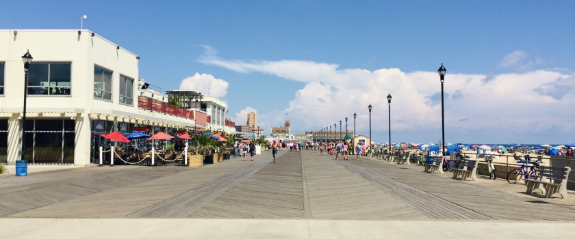 Boardwalk and restaurants along the beach in Asbury Park, NJ