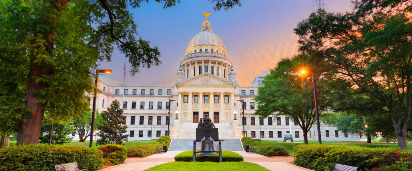 The state capitol at sunset in Jackson, Mississippi.