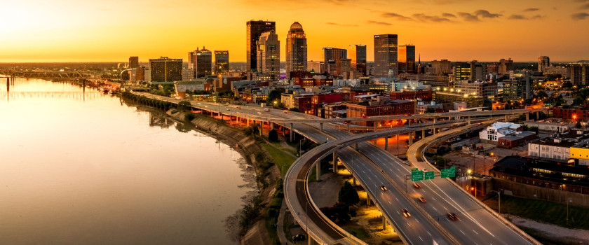 Aerial view of the Louisville, KY bridge at sunset.