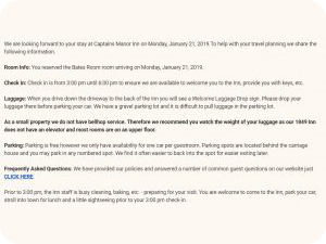 Captain's Manor pre-arrival email