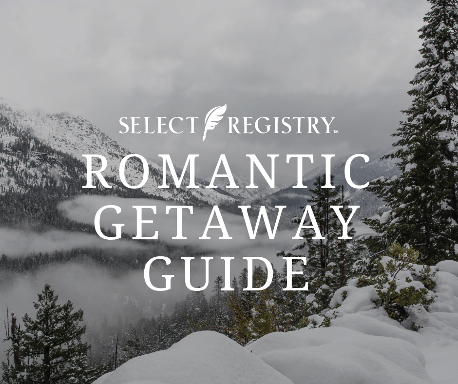 text reads romantic getaway guide photo of december winter mountain scene